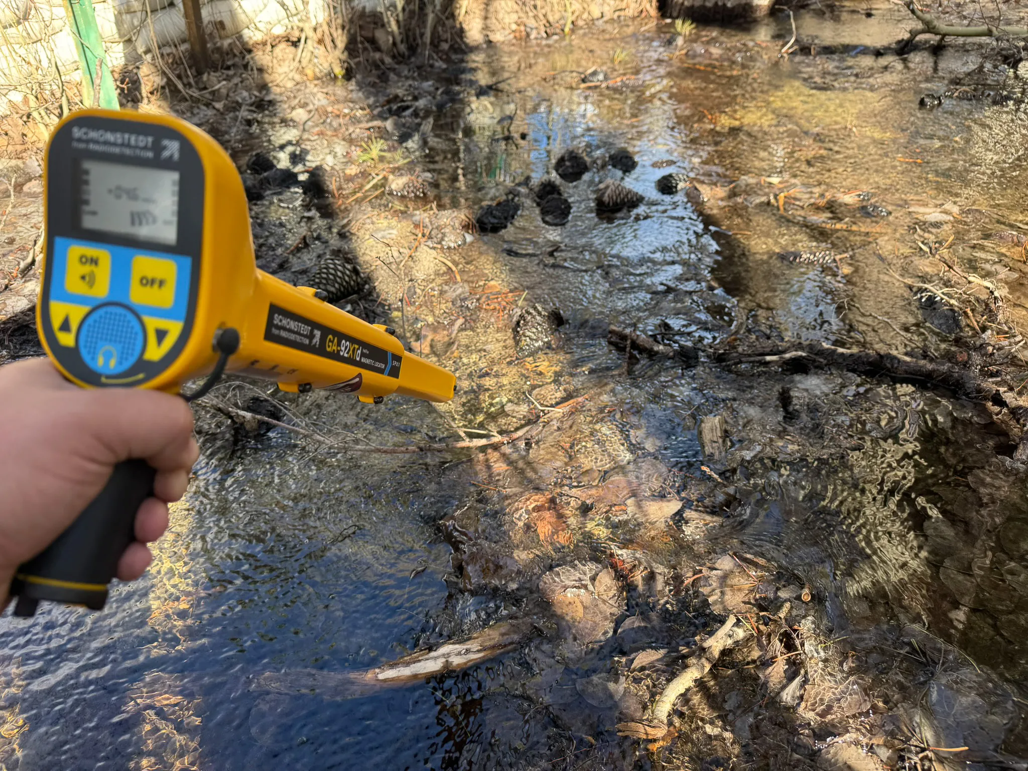 Metal detector searching in a creek