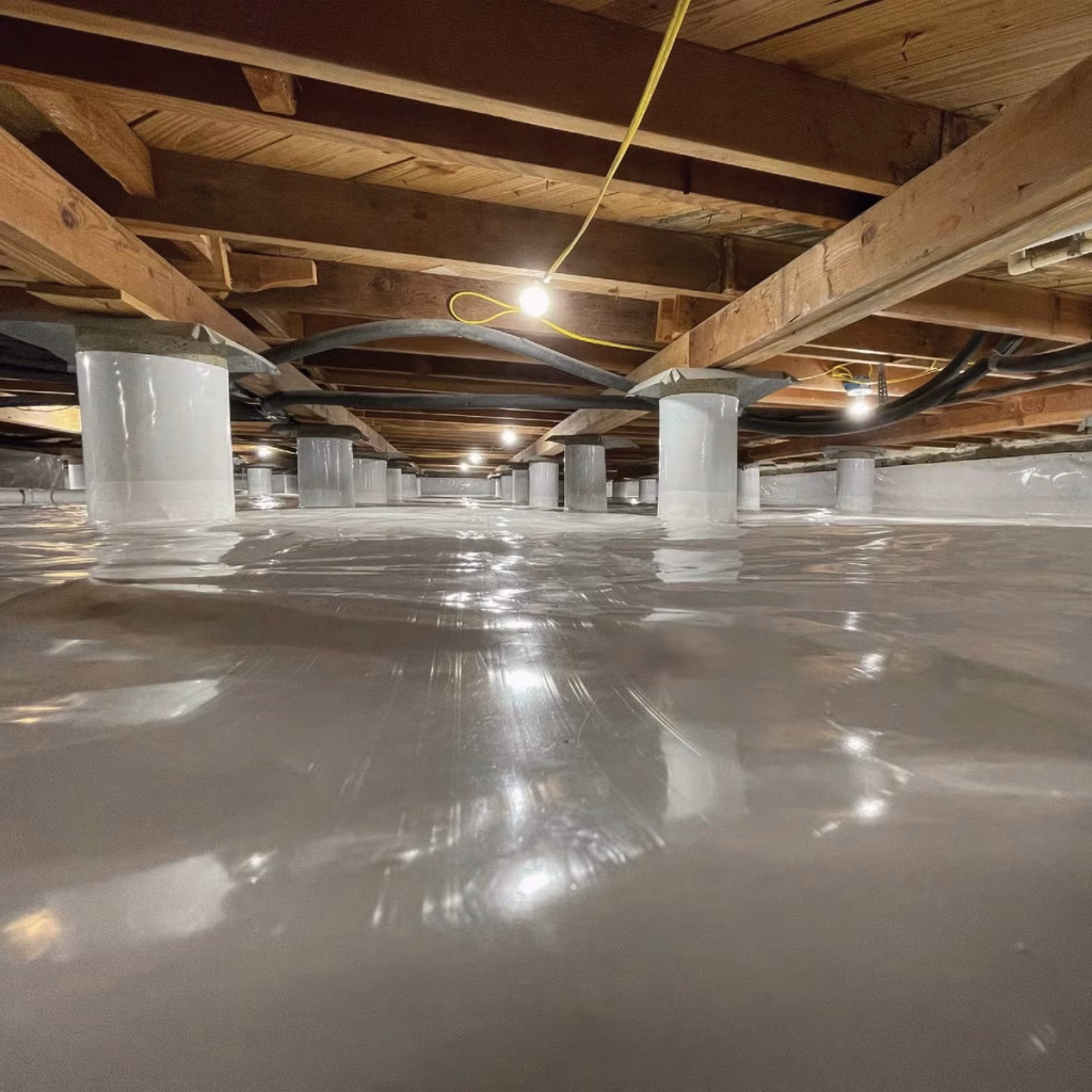 Crawlspace with a class 1 vapor barrier and column wrap installed